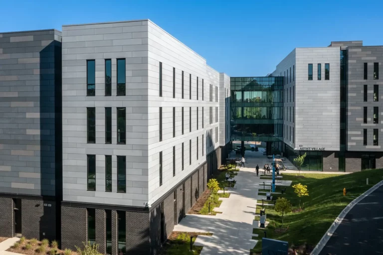 Swisspearl Patina NXT high-density fiber cement facade — UNC School of the Arts