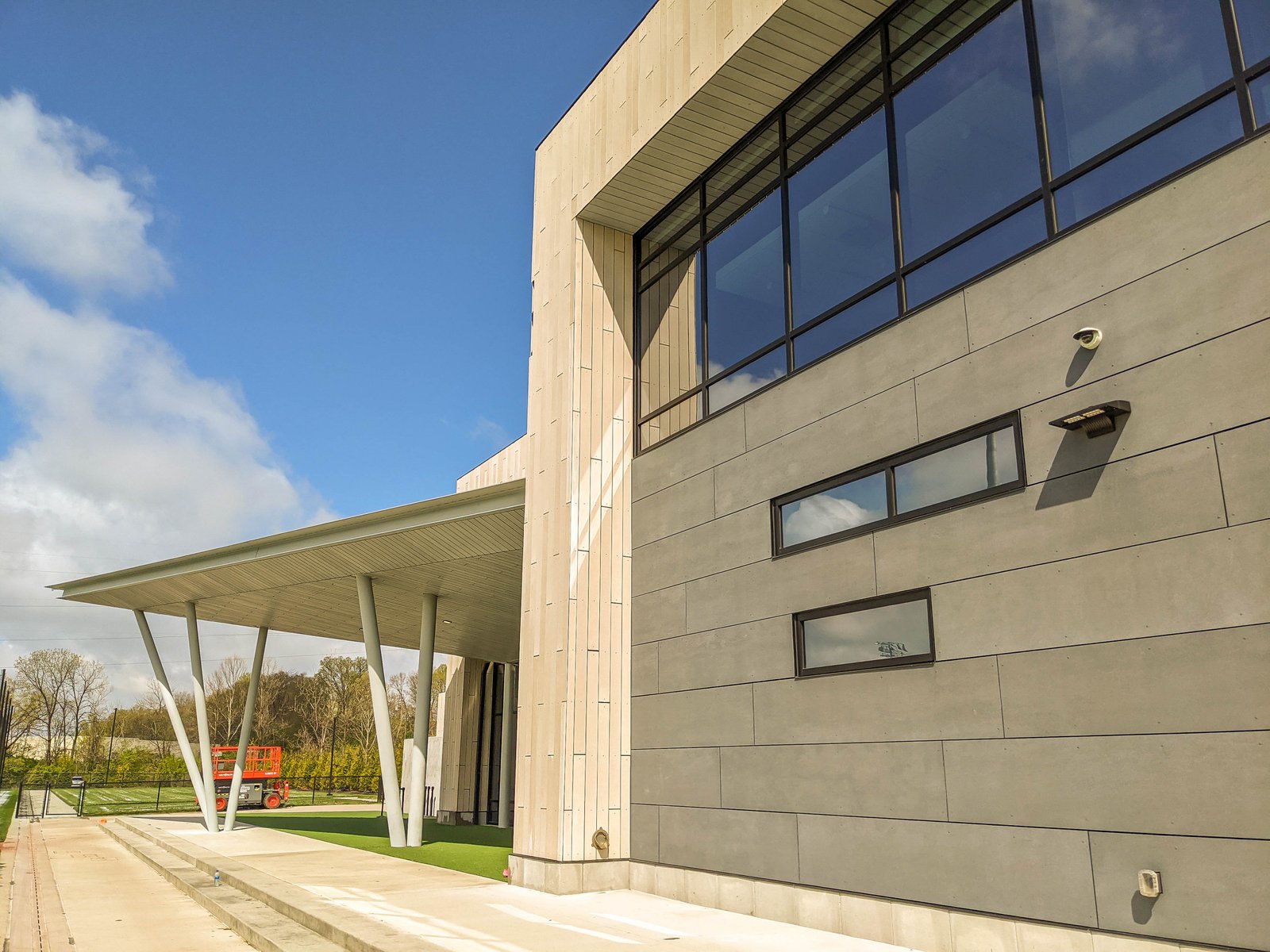 A fiber cement rainscreen installed on the side of a building.